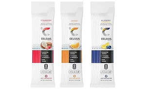 Energy Drink Mix Sticks Single-serve energy drink mix sticks in strawberry coconut, orange, and blueberry lemonade flavors, formulated with vitamins, minerals, and zero sugar.