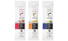 Single-serve energy drink mix sticks in strawberry coconut, orange, and blueberry lemonade flavors, formulated with vitamins, minerals, and zero sugar.