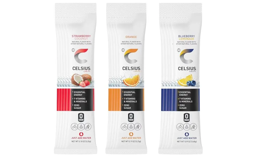 Single-serve energy drink mix sticks in strawberry coconut, orange, and blueberry lemonade flavors, formulated with vitamins, minerals, and zero sugar.