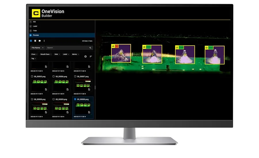 AI-powered machine vision software displaying automated defect detection and quality inspection results for electronic components on a manufacturing production line.
