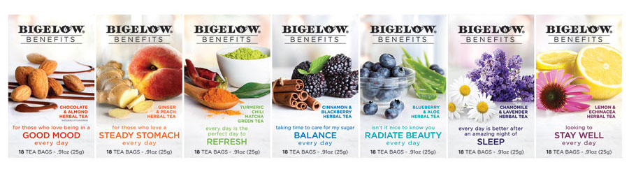 Tea benefits from a simple clean label and healthy attributes. Bigelow Tea introduced a new line of bagged teas: Bigelow Benefits. The line consists of everyday teas that support well-being with good-for-you ingredients, the company says. (Image courtesy of Bigelow Tea) - Beverage Industry