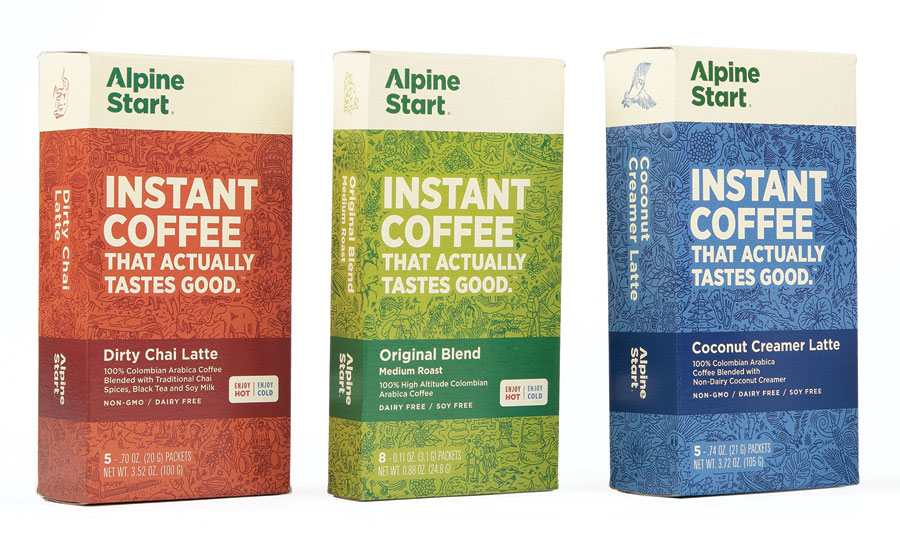 Alpine Start Foods announced a packaging redesign that coincides with its two new instant coffee additions: Coconut Creamer Latte and Dirty Chai Latte. - Beverage Industry
