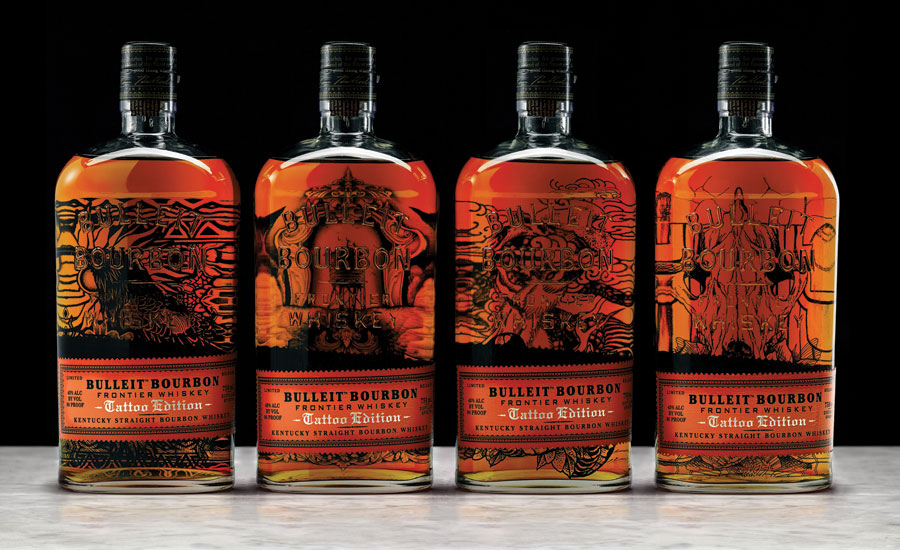 Bulleit Bourbon released its Bulleit Bourbon Tattoo Edition bottles, a series of four unique tattoo designs on the Bulleit bottle, the company says. - Beverage Industry