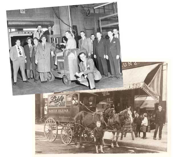 Top photo: G & M Distributors Inc. was founded in 1946 by G. Louis Vitale, pictured in the warehouse with associates. Bottom photo: Louis Glunz Beer in Chicago began wholesaling in 1888 and started delivering to customers via horse-drawn wagons in 1898. Louis Glunz ll poses in front, circa 1900. - Beverage Industry