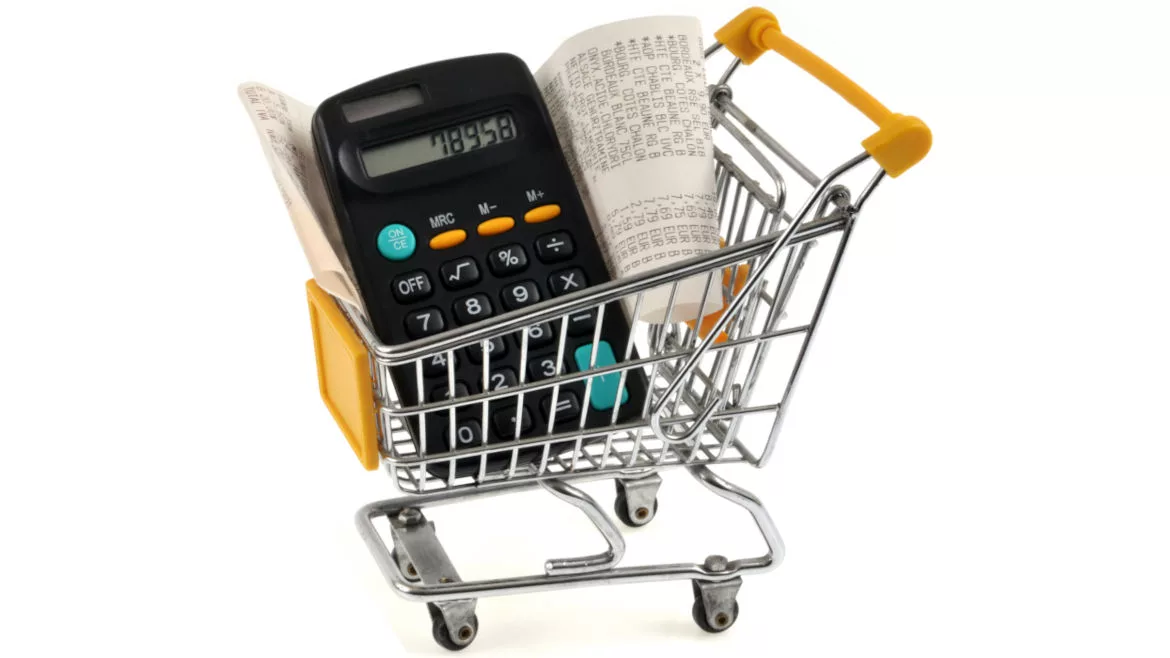 shopping cart, calculator, receipt