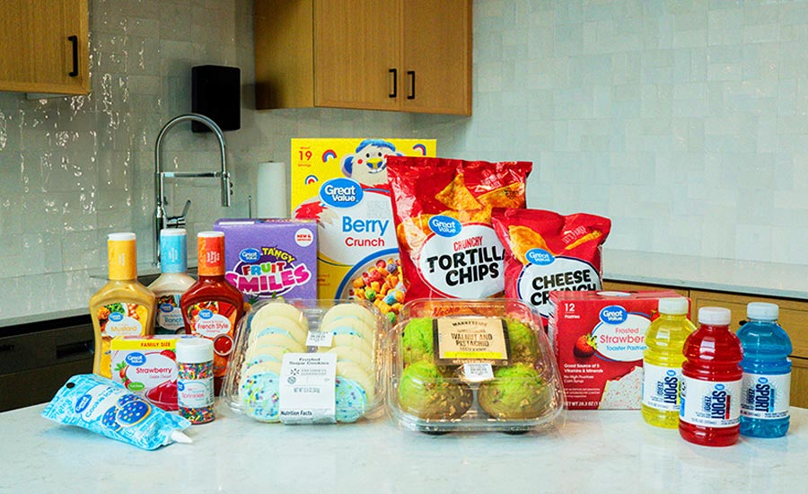 The image shows various Walmart Great Value brand food products.