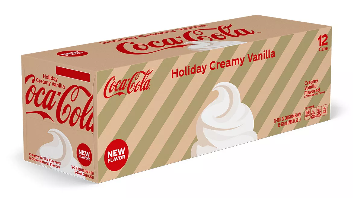 a 12-pack of Coca-Cola Holiday Creamy Vanilla soda cans