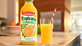 a bottle of Tropicana Essentials Orange Blend juice. 