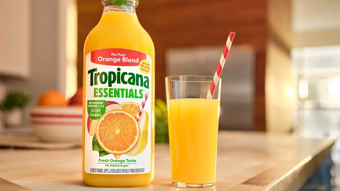 a bottle of Tropicana Essentials Orange Blend juice.