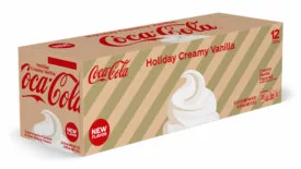 a 12-pack of Coca-Cola Holiday Creamy Vanilla soda cans