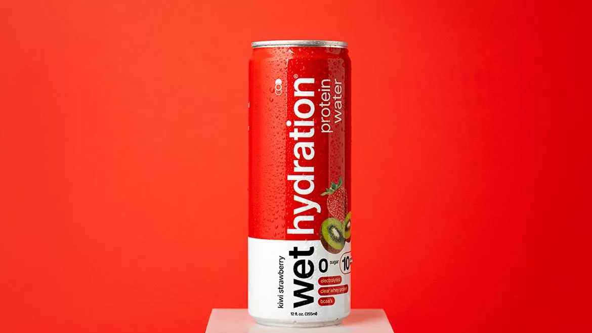 a can of Wet Hydration Protein Water in the Kiwi Strawberry flavor. 