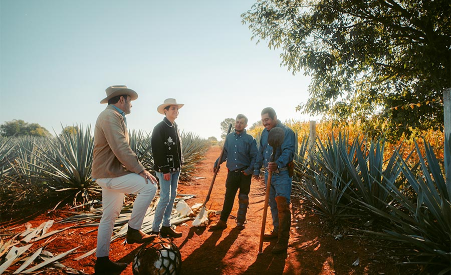 This image captures the founders and workers of LALO Tequila in the agave fields of Jalisco, Mexico. 