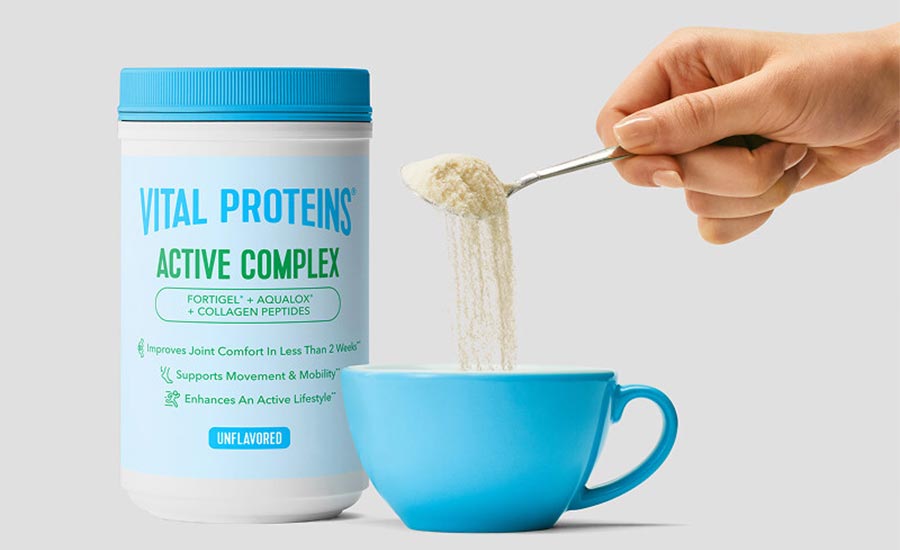 The product shown is the Vital Proteins Active Complex collagen peptides powder