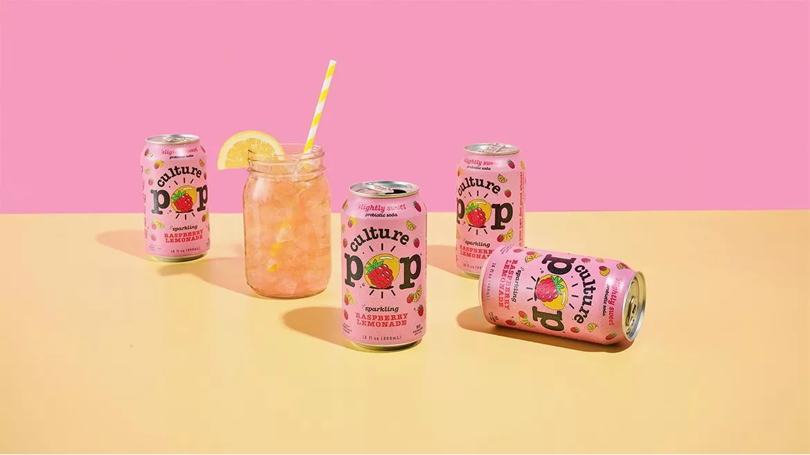 This image features Culture Pop Soda in the Sparkling Raspberry Lemonade flavor. 