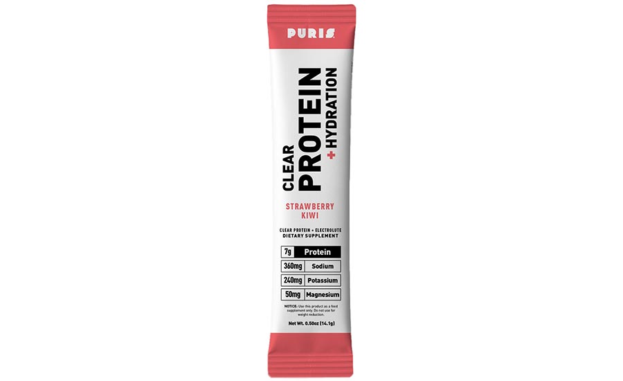 This is a Puris Clear Protein + Hydration dietary supplement drink mix packet in a strawberry kiwi flavor. 