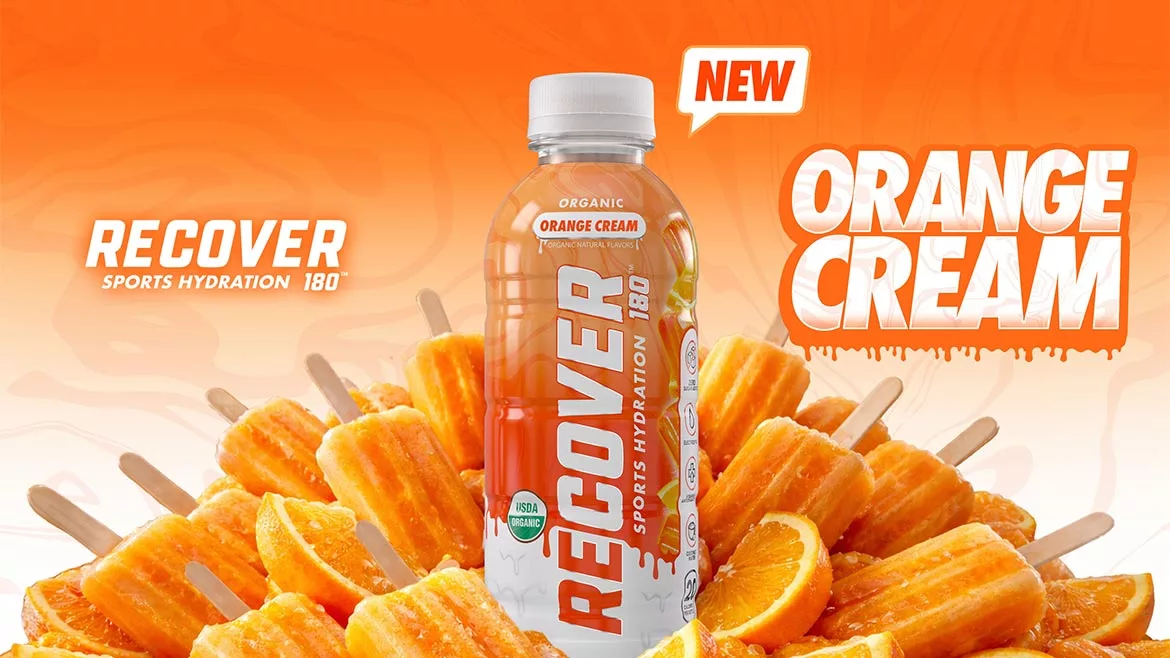 This image features a bottle of RECOVER 180 Organic Sports Hydration drink in the Orange Cream flavor. 