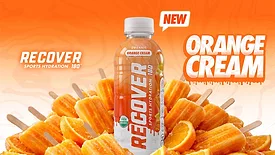 This image features a bottle of RECOVER 180 Organic Sports Hydration drink in the Orange Cream flavor. 