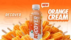 This image features a bottle of RECOVER 180 Organic Sports Hydration drink in the Orange Cream flavor. 