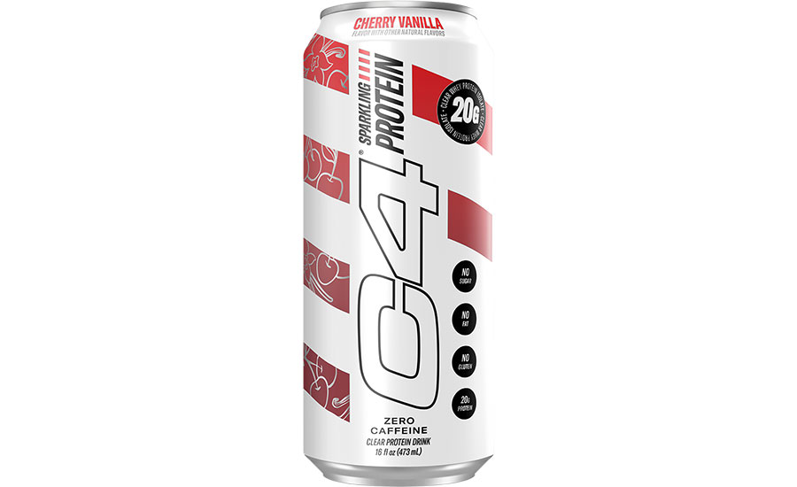 a 16 fl oz can of C4 Sparkling Protein in the Cherry Vanilla flavor, a Walmart-exclusive clear whey protein soda