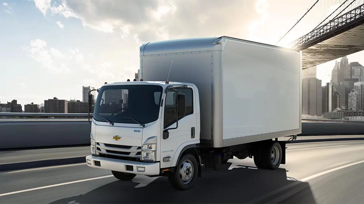 The vehicle shown is a Chevrolet Low Cab Forward (LCF) series commercial box truck