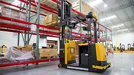 Yale Relay automated lift truck designed for vertical pallet positioning and load management in warehouses