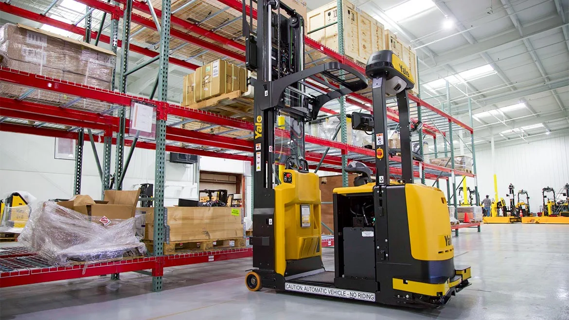 Yale Relay automated lift truck designed for vertical pallet positioning and load management in warehouses