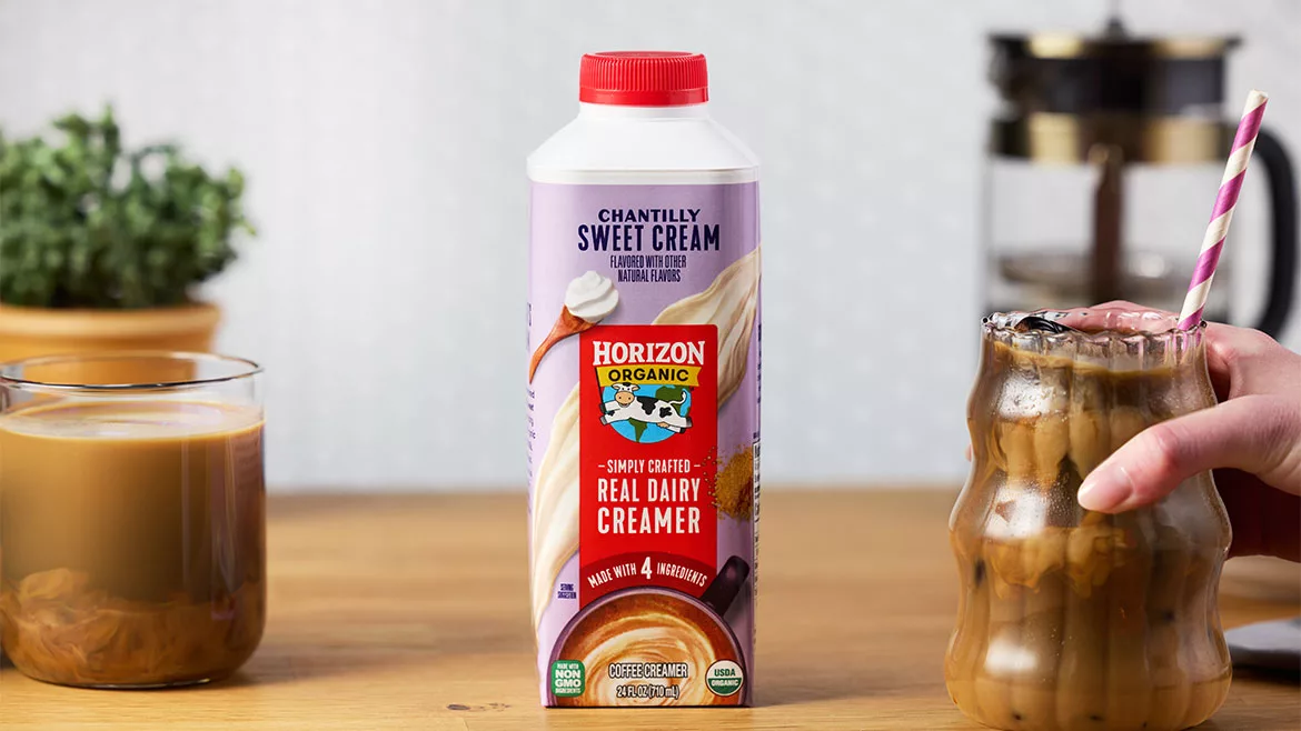 The item shown is a Horizon Organic Chantilly Sweet Cream flavored coffee creamer. 