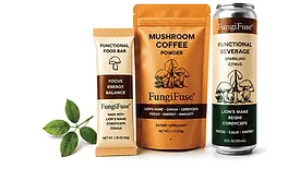 functional mushroom products from the FungiFuse line, featuring Lion's Mane, Chaga, and Cordyceps