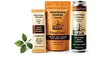 functional mushroom products from the FungiFuse line, featuring Lion's Mane, Chaga, and Cordyceps
