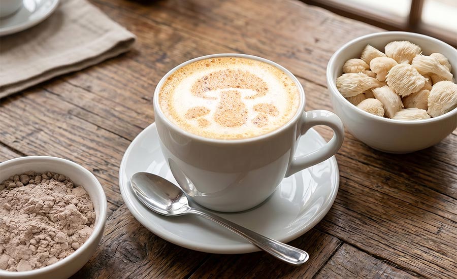 A blend of coffee powder and extracts from functional mushrooms.