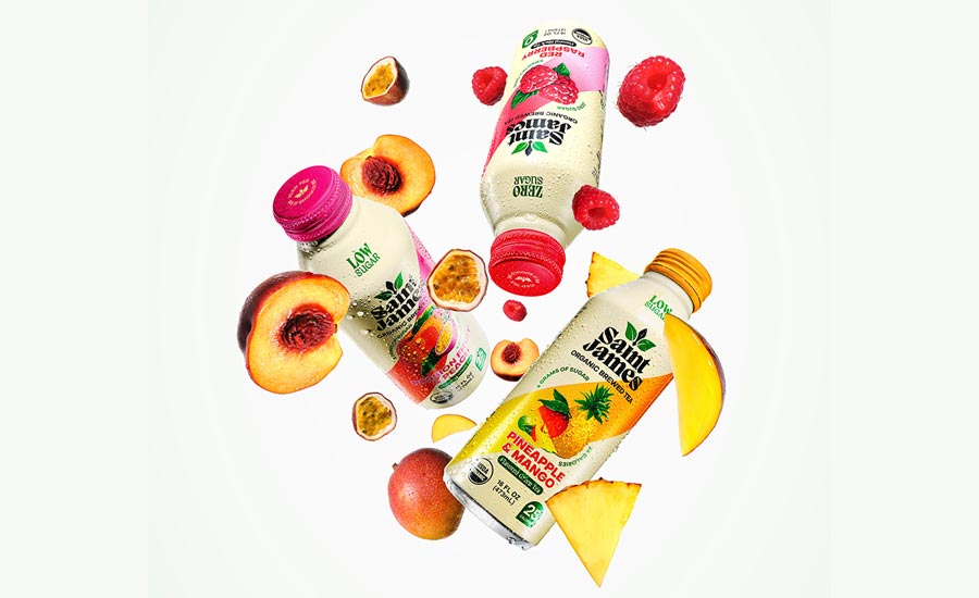 Saint James Organic Brewed Tea products shown in recyclable aluminum bottles