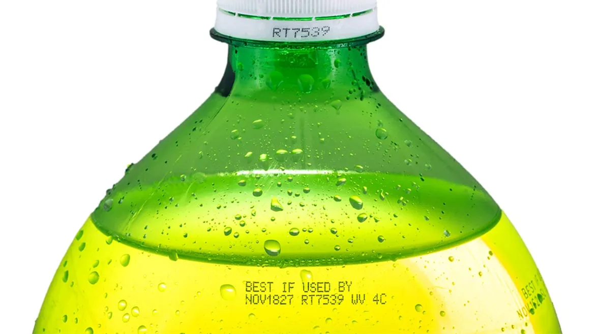 2-liter PET bottle containing a bright yellow beverage, consistent with carbonated soft drinks like Mountain Dew