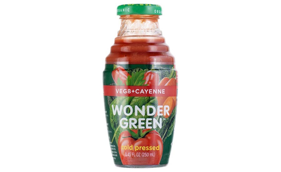 a 8.45-fluid-ounce bottle of Wonder Green Organic Veg8 + Cayenne Cold Pressed Juice