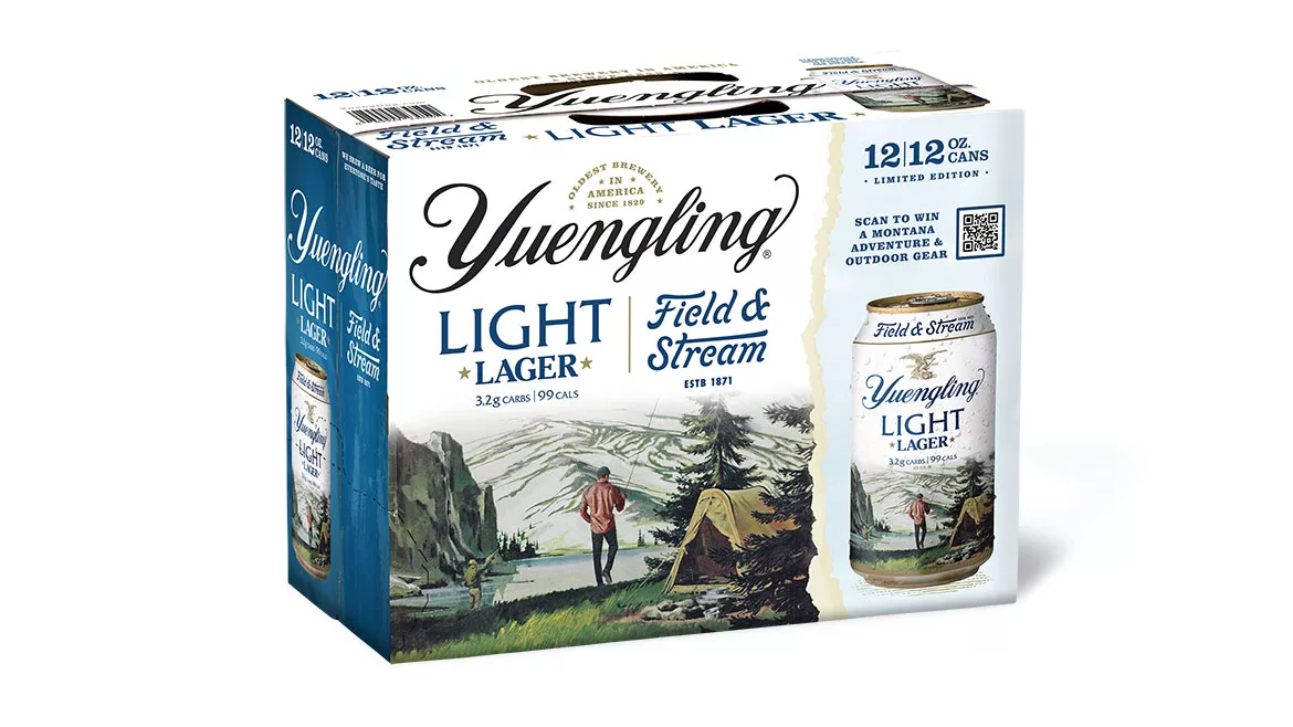 a 12-pack of Yuengling Light Lager featuring special Field & Stream branded packaging.