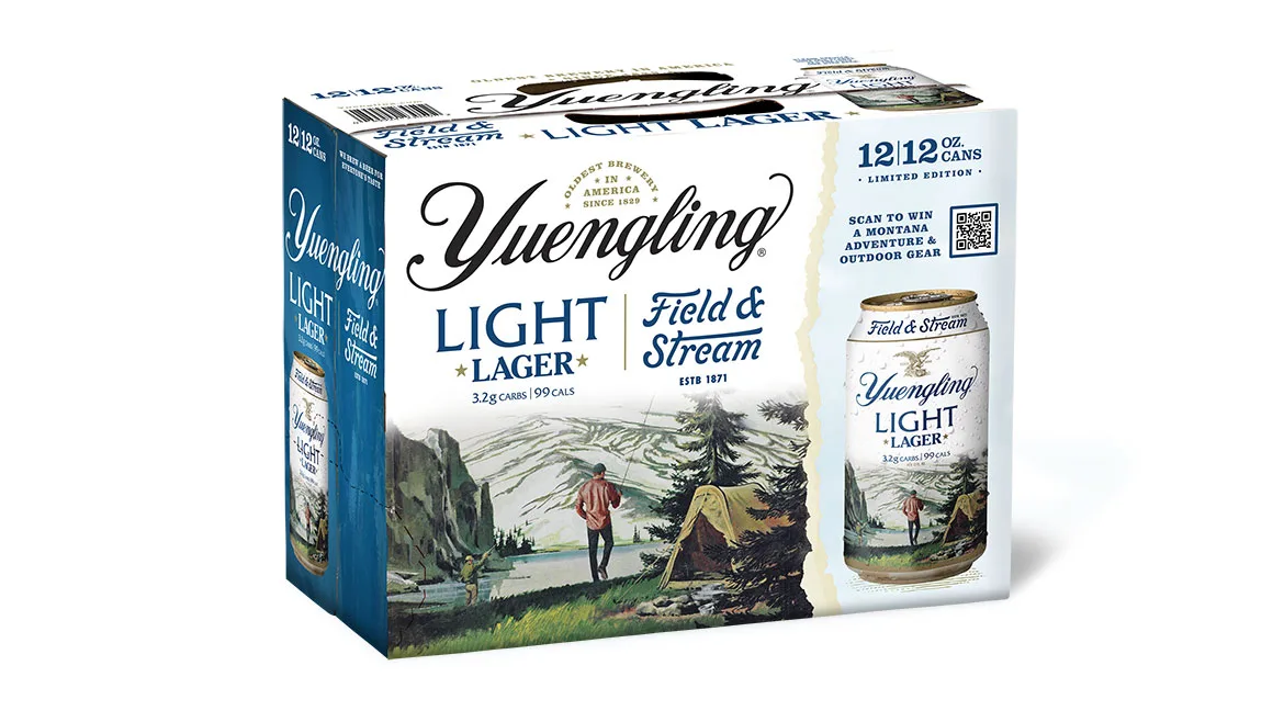 a 12-pack of Yuengling Light Lager featuring special Field & Stream branded packaging.