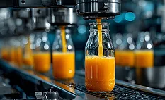  a food and beverage production facility with glass bottles being filled with orange juice on a conveyor belt