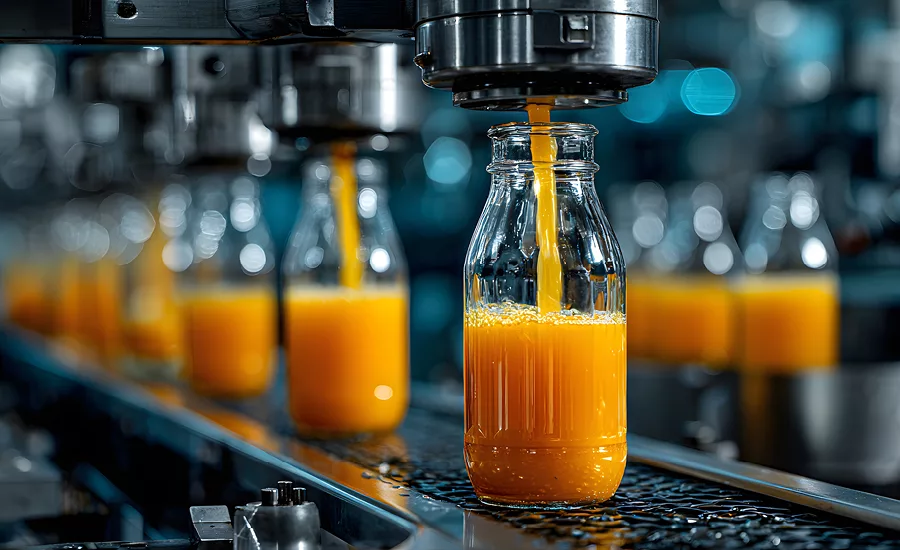 a food and beverage production facility with glass bottles being filled with orange juice on a conveyor belt