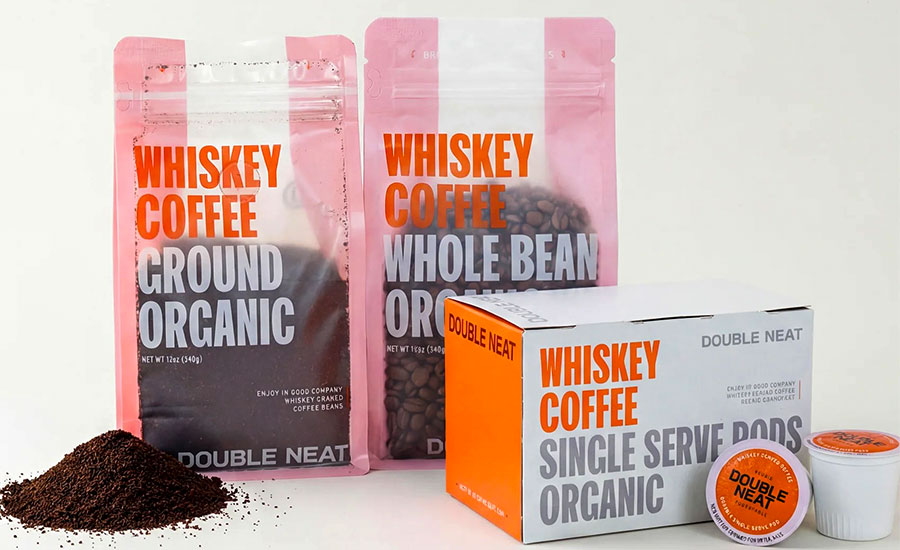 Double Neat whiskey-infused coffee products, including ground, whole bean, and single-serve pods