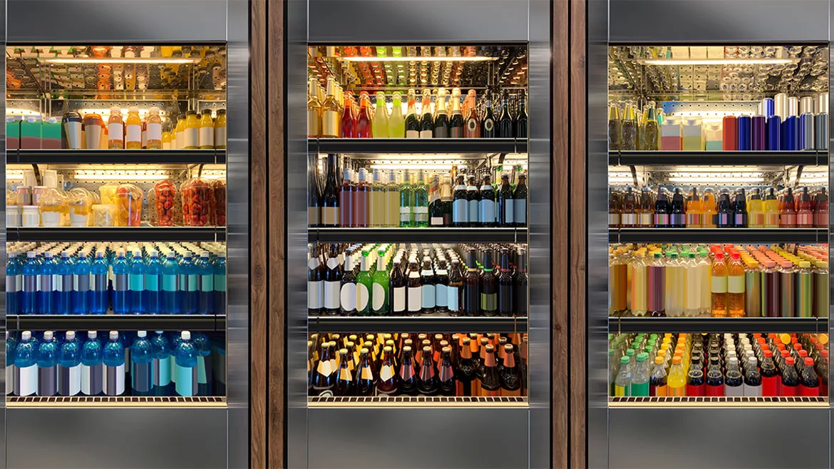 These commercial glass door refrigerators are stocked with a variety of beverages, including sodas and wines.