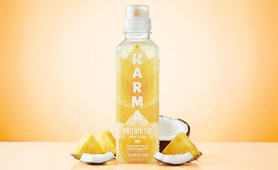 Bottle of Karma Probiotic Water in the Pineapple Coconut flavor