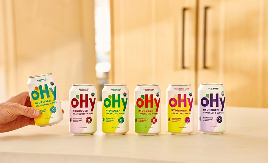 oHy brand hydrogen sparkling water cans