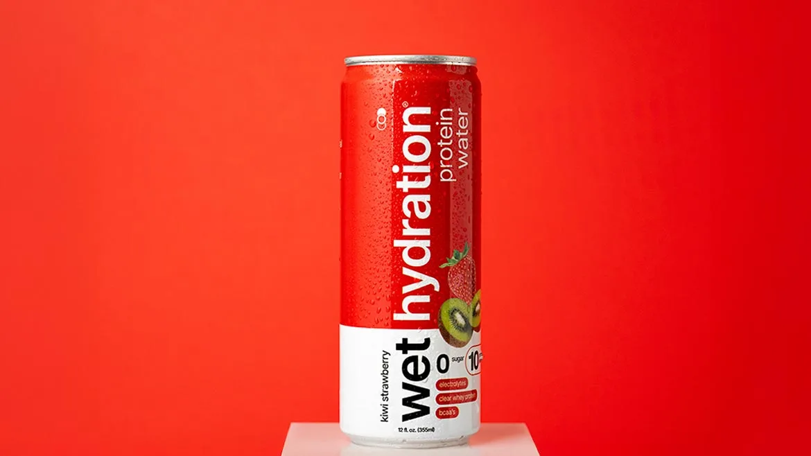 Wet Hydration Kiwi Strawberry Protein Water in a 12-ounce can
