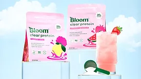 The item pictured is Bloom Nutrition Clear Protein powder, available in flavors like Raspberry Lemon and Strawberry Watermelon. 