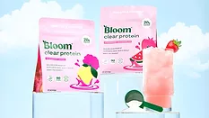 The item pictured is Bloom Nutrition Clear Protein powder, available in flavors like Raspberry Lemon and Strawberry Watermelon. 
