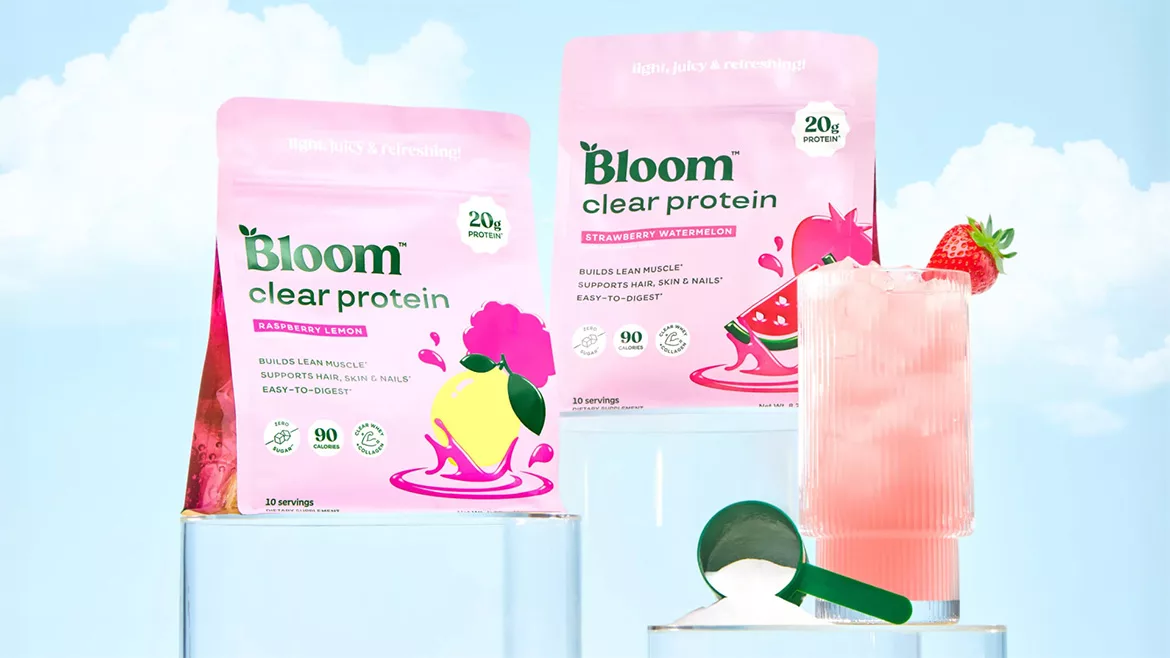 The item pictured is Bloom Nutrition Clear Protein powder, available in flavors like Raspberry Lemon and Strawberry Watermelon.