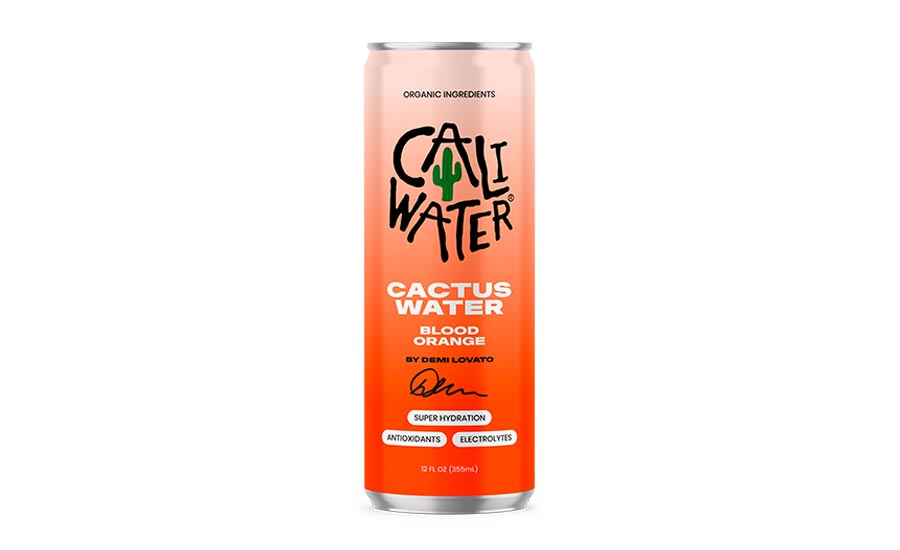The item in the image is a can of Caliwater Blood Orange Cactus Water, co-founded by Demi Lovato. 
