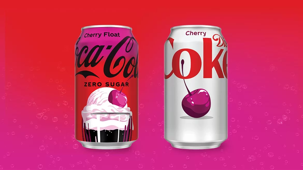 The image features Coca-Cola Zero Sugar Cherry Float and Diet Coke Cherry sodas. The image features Coca-Cola Zero Sugar Cherry Float and Diet Coke Cherry sodas.