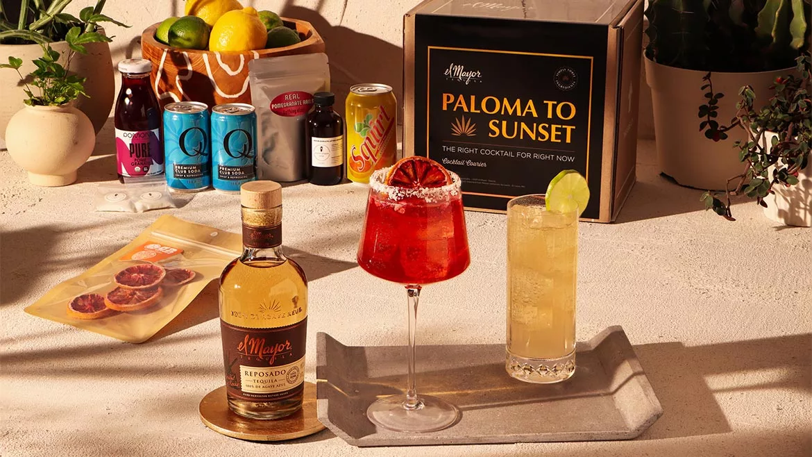 The image features the El Mayor Tequila Paloma to Sunset cocktail kit