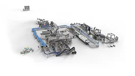 The image displays a digital twin model of a bottling line from Krones, specifically developed for their Ingeniq concept. 