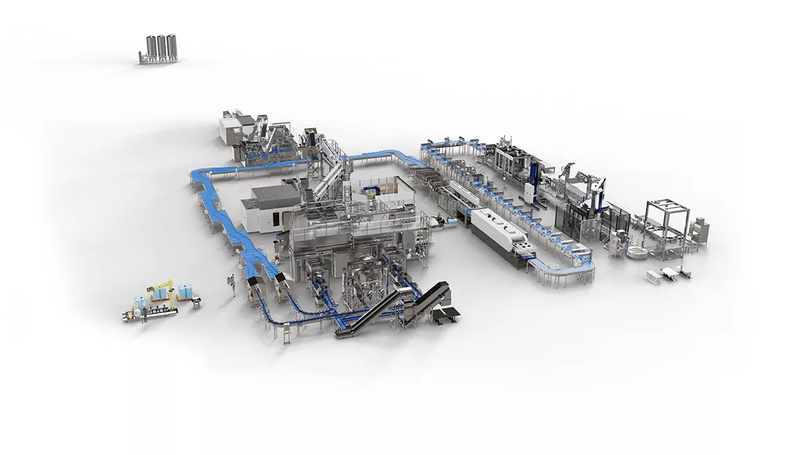 The image displays a digital twin model of a bottling line from Krones, specifically developed for their Ingeniq concept. 